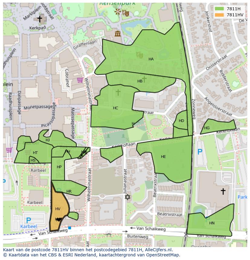 Afbeelding van het postcodegebied 7811 HV op de kaart.
