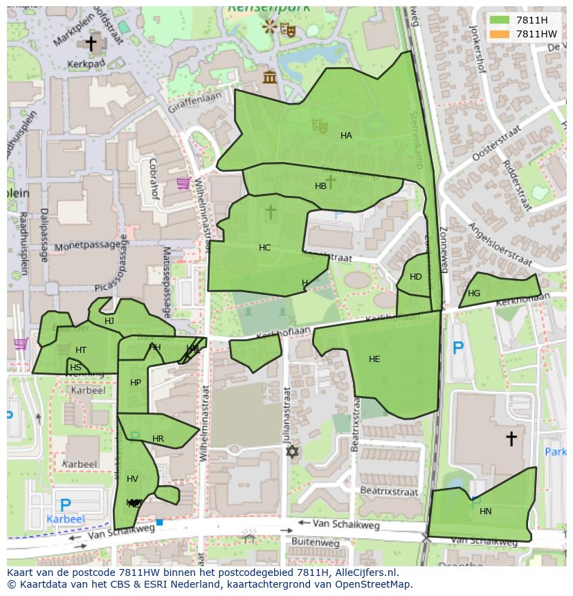 Afbeelding van het postcodegebied 7811 HW op de kaart.