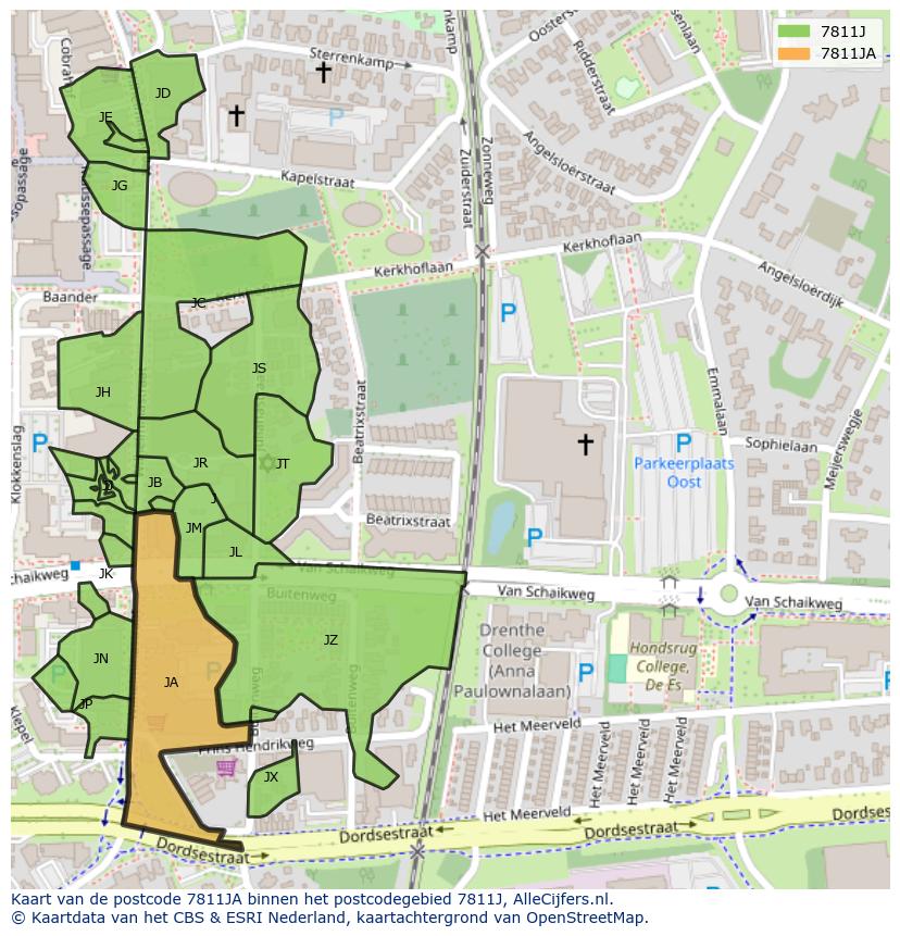 Afbeelding van het postcodegebied 7811 JA op de kaart.