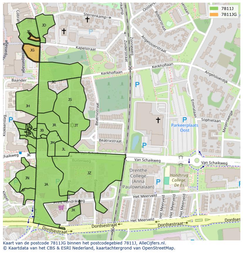 Afbeelding van het postcodegebied 7811 JG op de kaart.