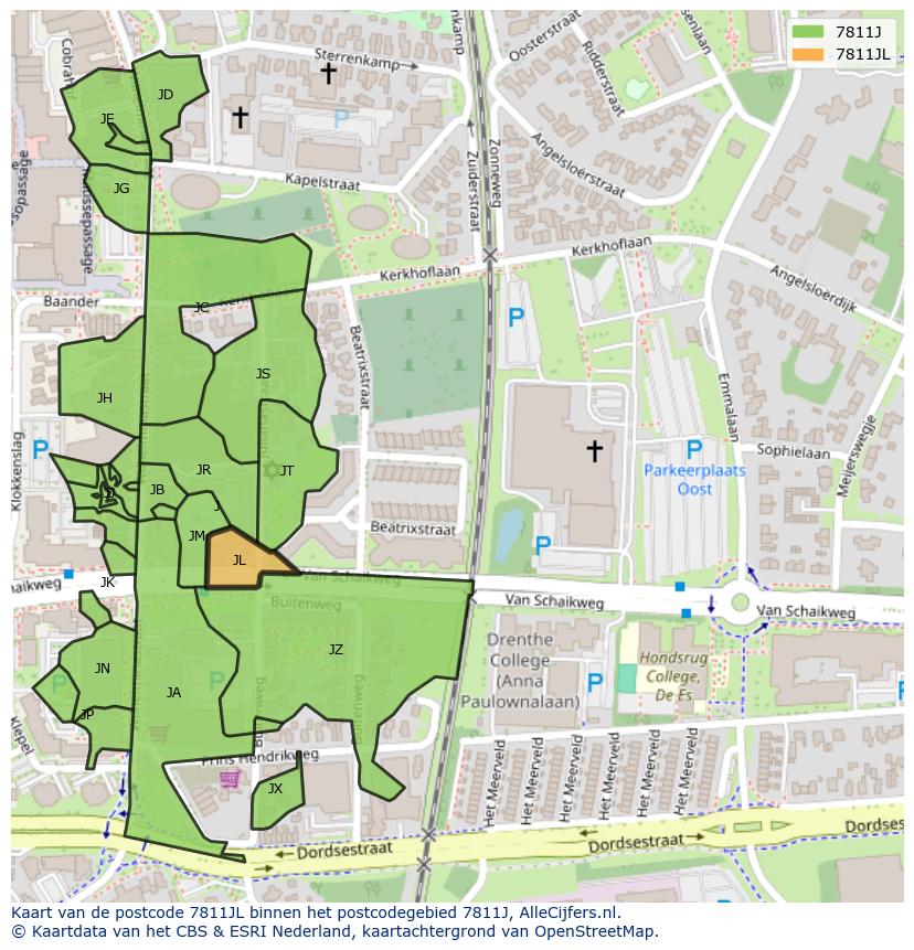 Afbeelding van het postcodegebied 7811 JL op de kaart.