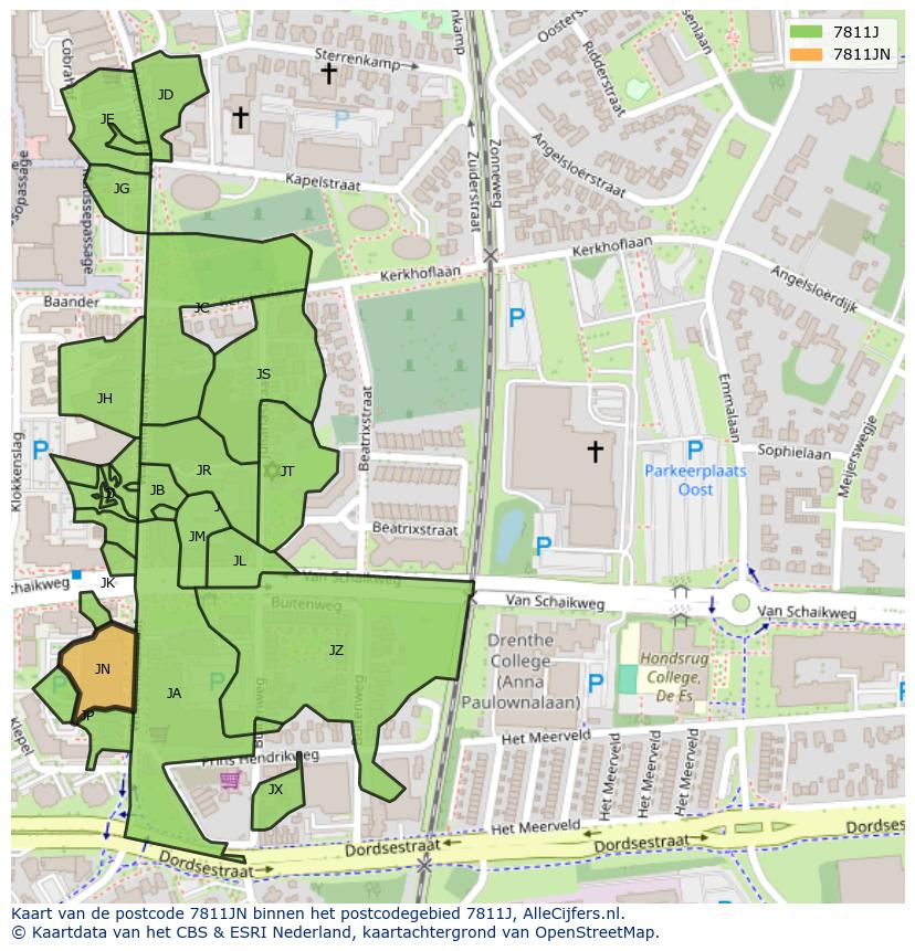 Afbeelding van het postcodegebied 7811 JN op de kaart.