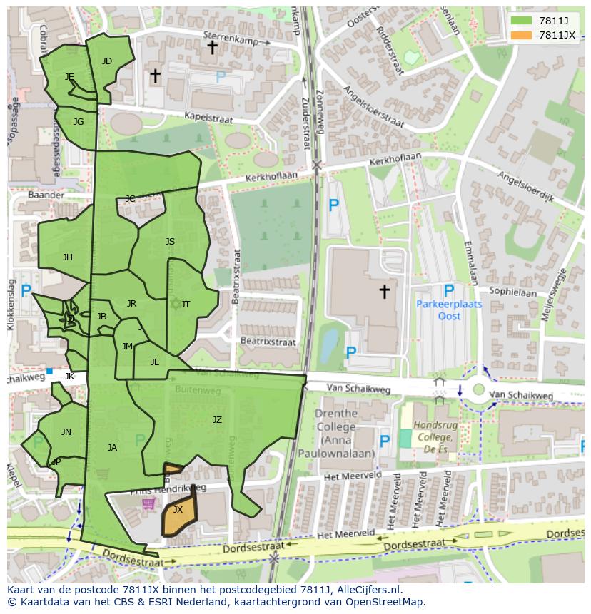 Afbeelding van het postcodegebied 7811 JX op de kaart.
