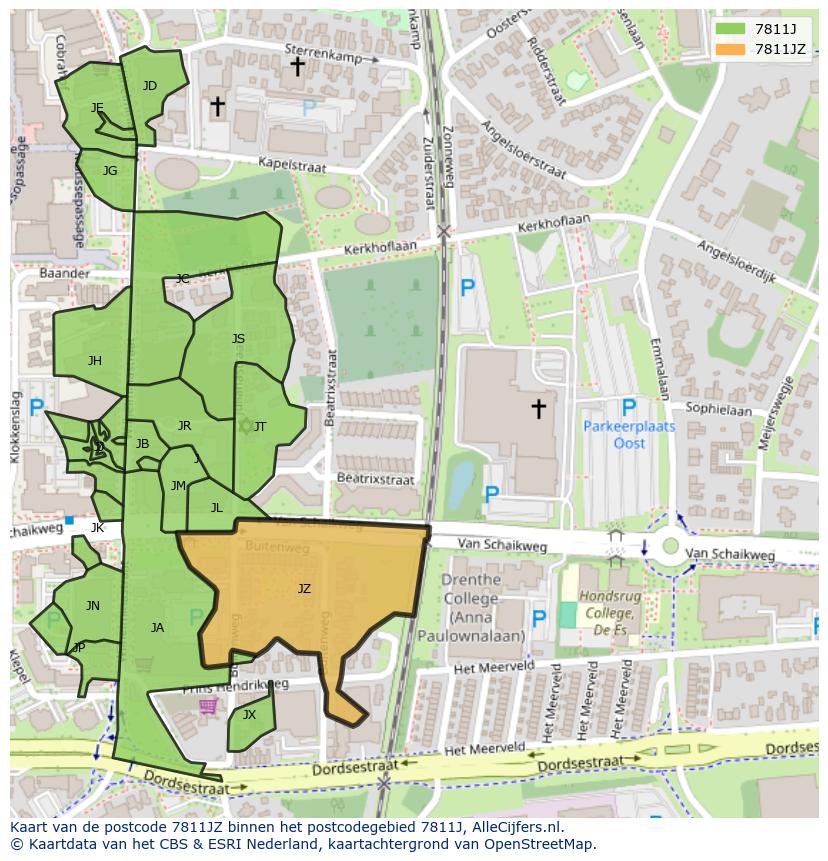 Afbeelding van het postcodegebied 7811 JZ op de kaart.