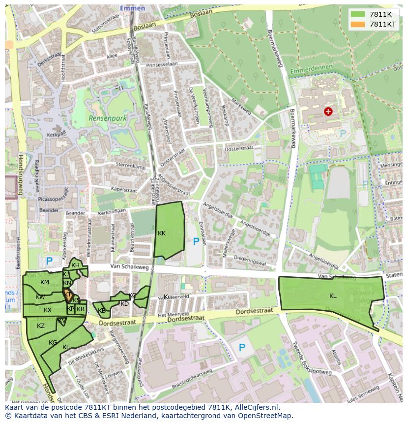 Afbeelding van het postcodegebied 7811 KT op de kaart.