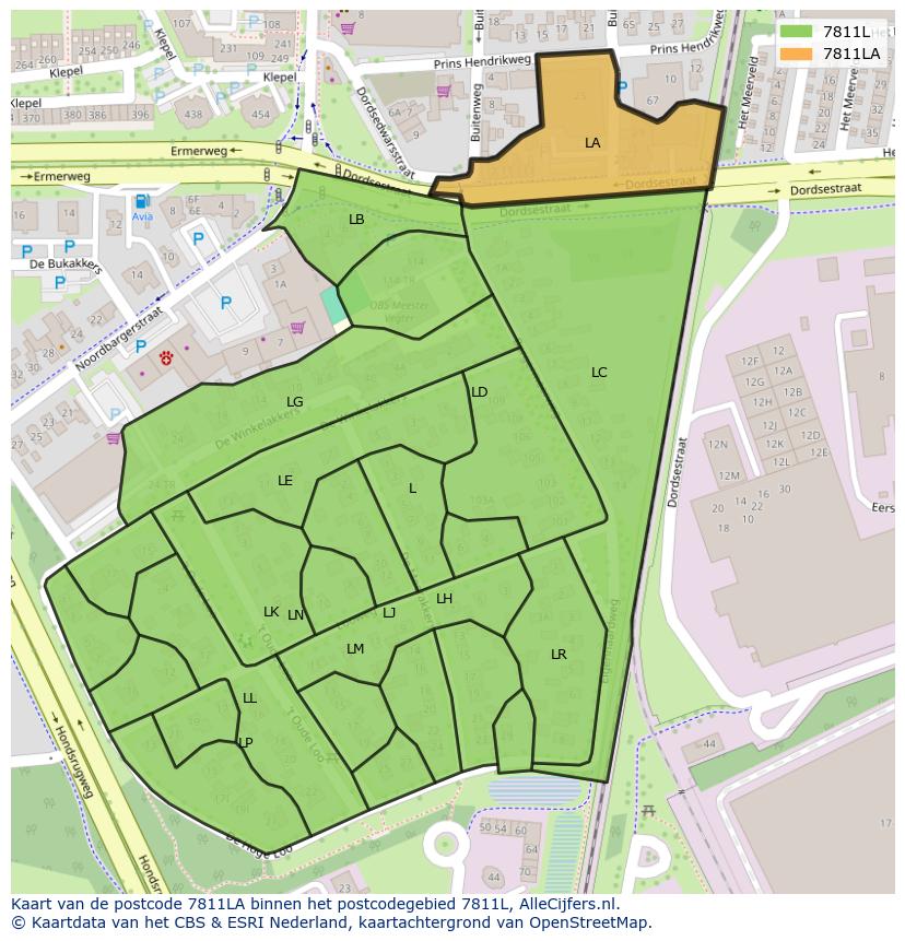 Afbeelding van het postcodegebied 7811 LA op de kaart.