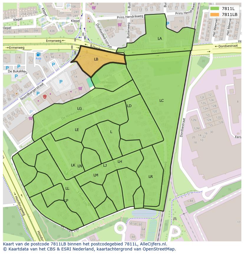 Afbeelding van het postcodegebied 7811 LB op de kaart.