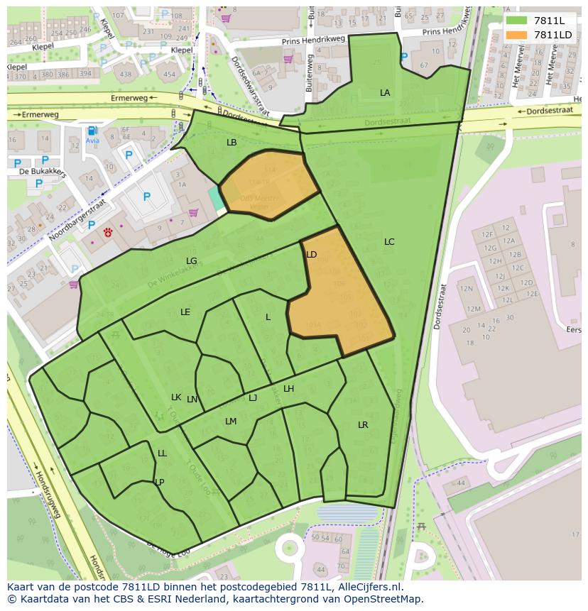 Afbeelding van het postcodegebied 7811 LD op de kaart.