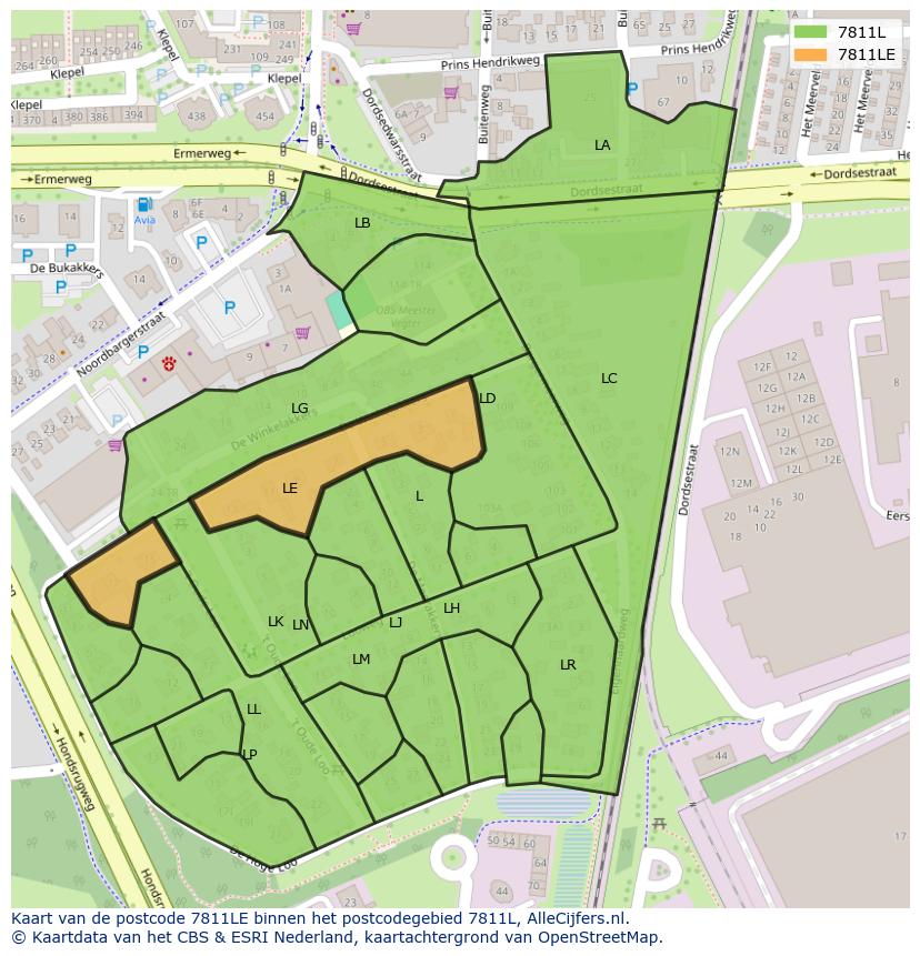 Afbeelding van het postcodegebied 7811 LE op de kaart.