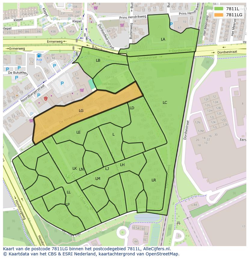 Afbeelding van het postcodegebied 7811 LG op de kaart.