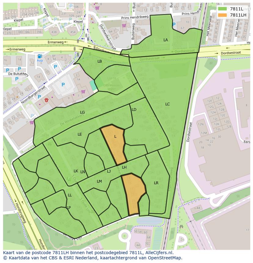 Afbeelding van het postcodegebied 7811 LH op de kaart.