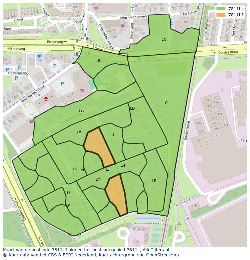 Afbeelding van het postcodegebied 7811 LJ op de kaart.