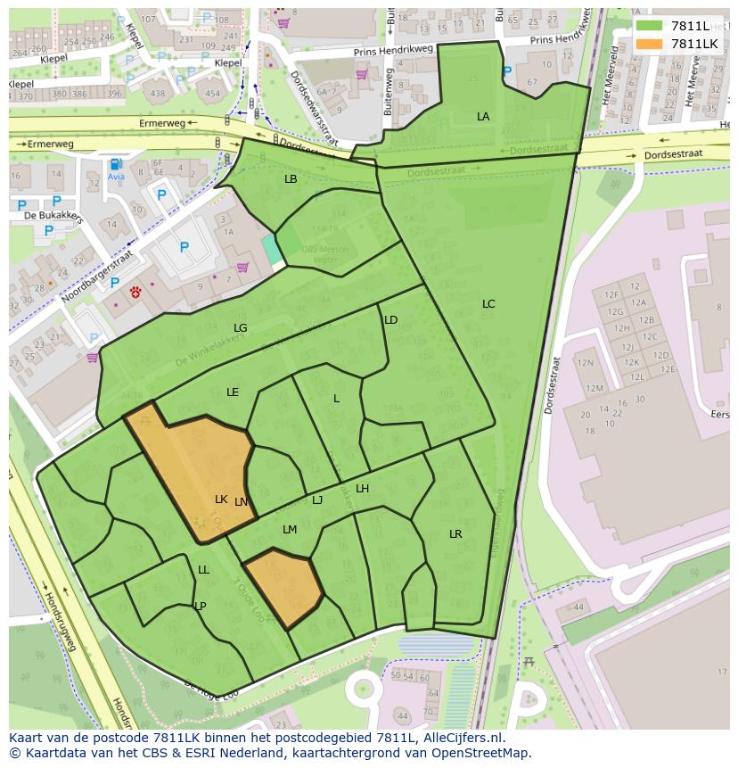 Afbeelding van het postcodegebied 7811 LK op de kaart.