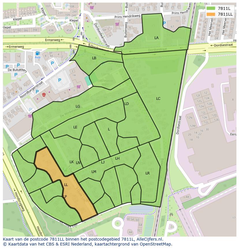 Afbeelding van het postcodegebied 7811 LL op de kaart.