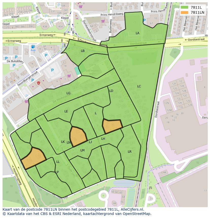 Afbeelding van het postcodegebied 7811 LN op de kaart.