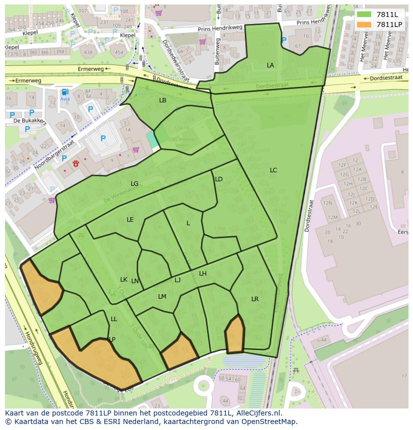 Afbeelding van het postcodegebied 7811 LP op de kaart.