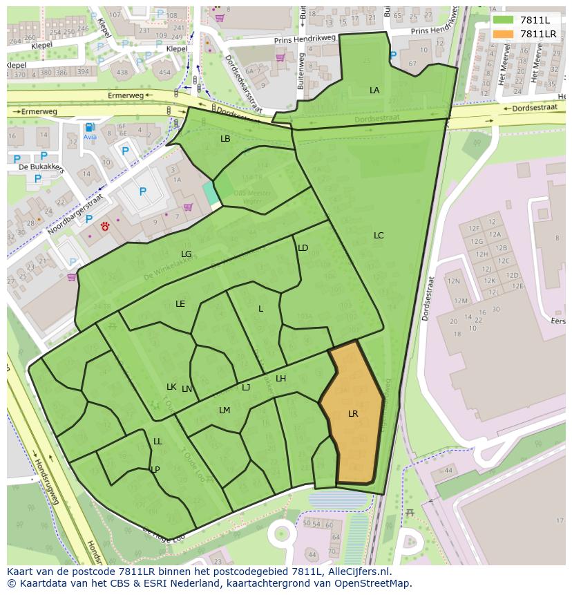 Afbeelding van het postcodegebied 7811 LR op de kaart.