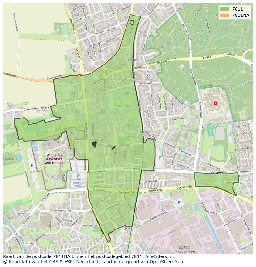 Afbeelding van het postcodegebied 7811 NA op de kaart.