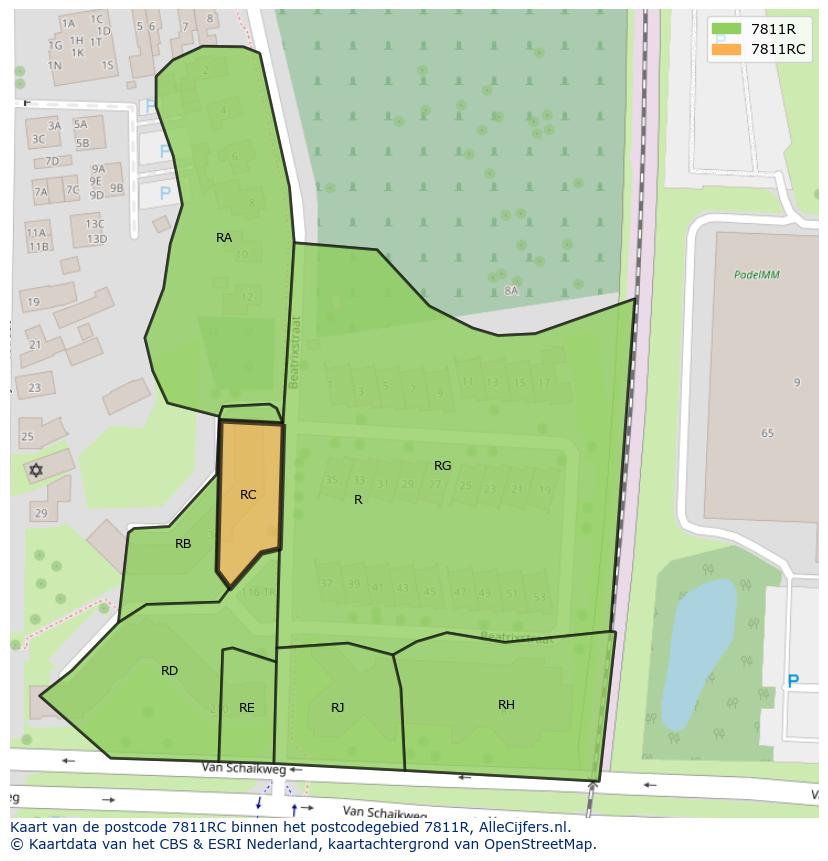 Afbeelding van het postcodegebied 7811 RC op de kaart.