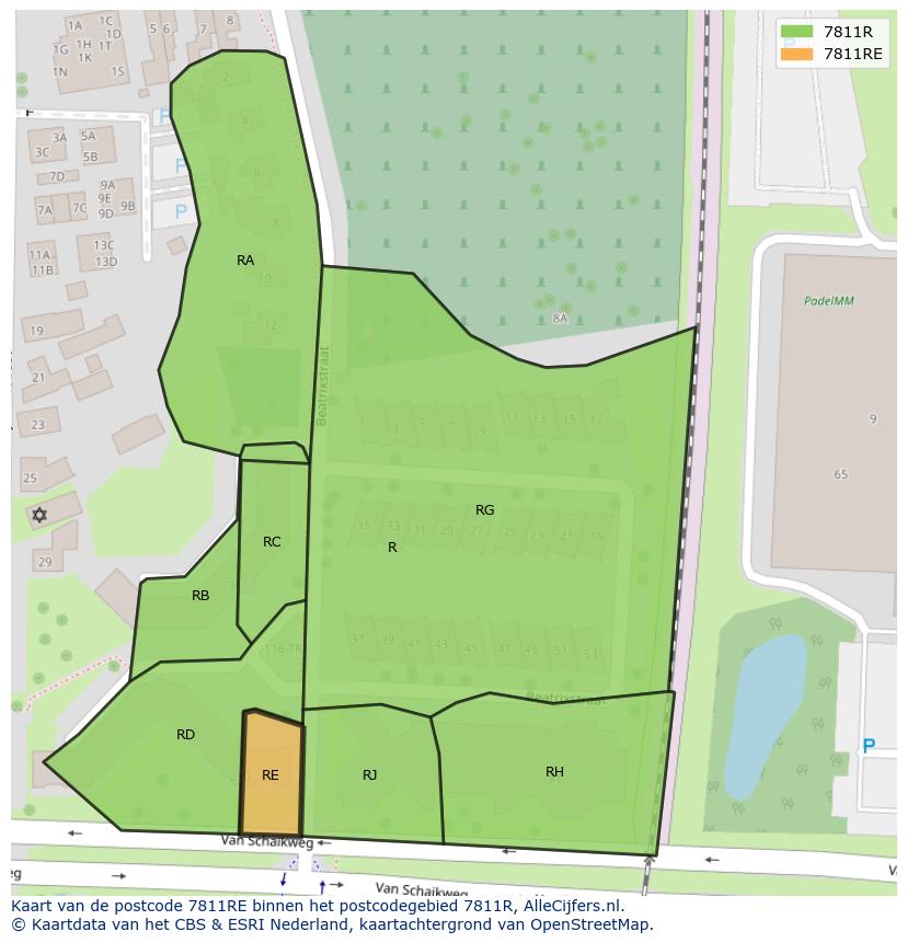 Afbeelding van het postcodegebied 7811 RE op de kaart.