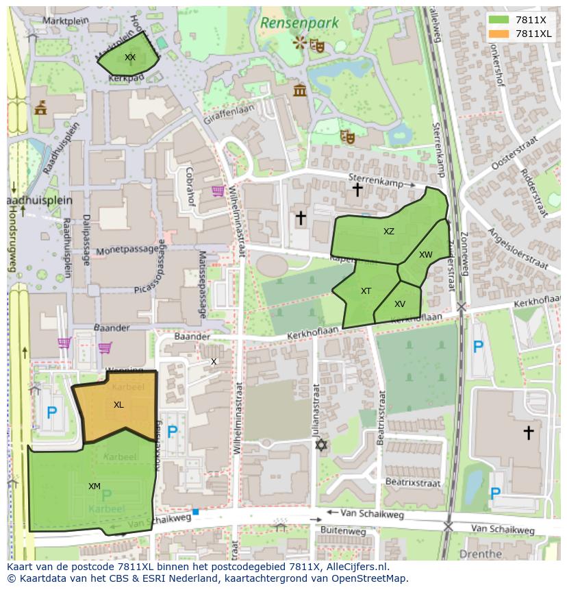 Afbeelding van het postcodegebied 7811 XL op de kaart.