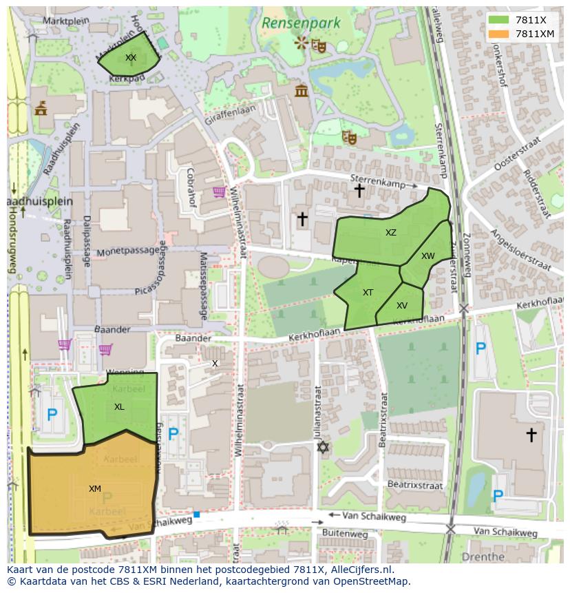 Afbeelding van het postcodegebied 7811 XM op de kaart.