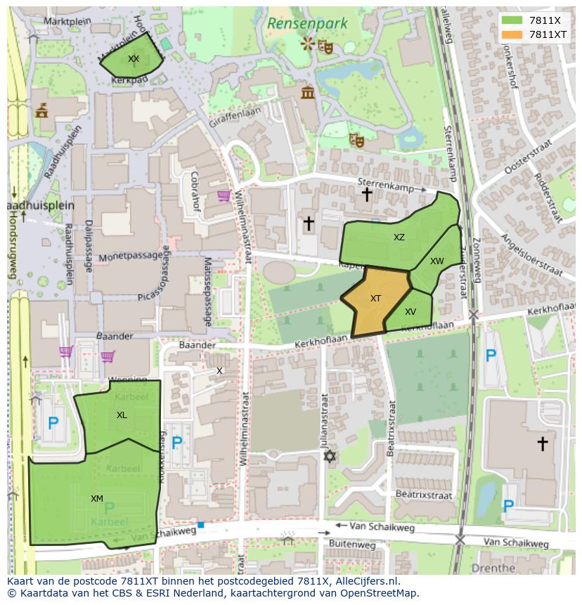 Afbeelding van het postcodegebied 7811 XT op de kaart.