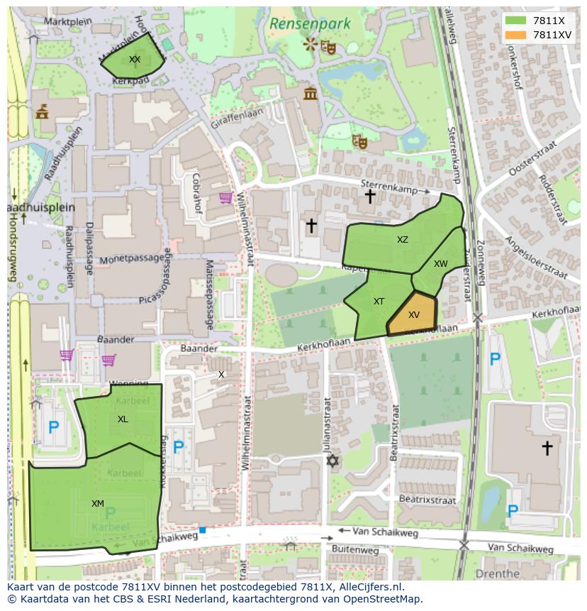 Afbeelding van het postcodegebied 7811 XV op de kaart.