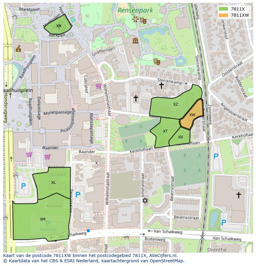 Afbeelding van het postcodegebied 7811 XW op de kaart.