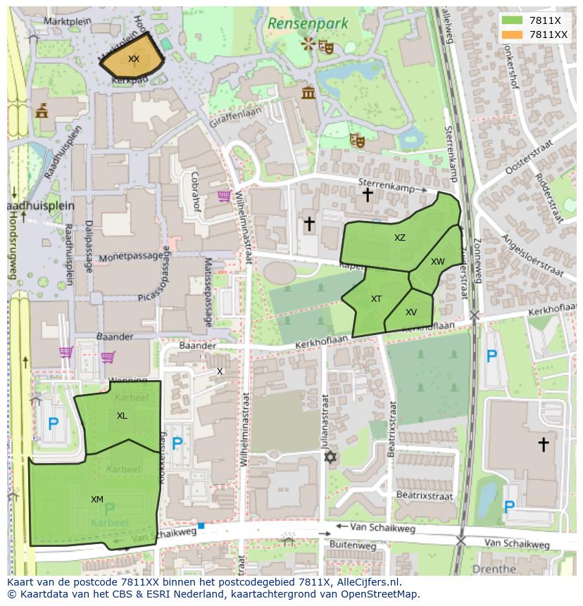 Afbeelding van het postcodegebied 7811 XX op de kaart.