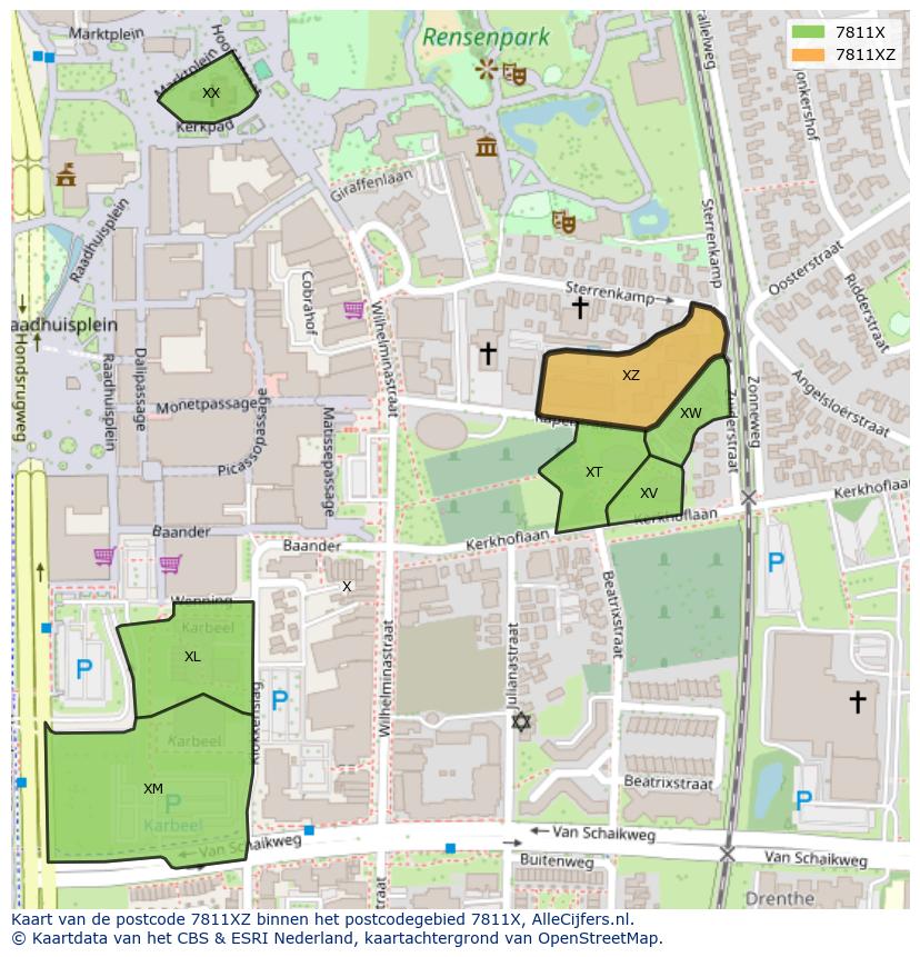 Afbeelding van het postcodegebied 7811 XZ op de kaart.