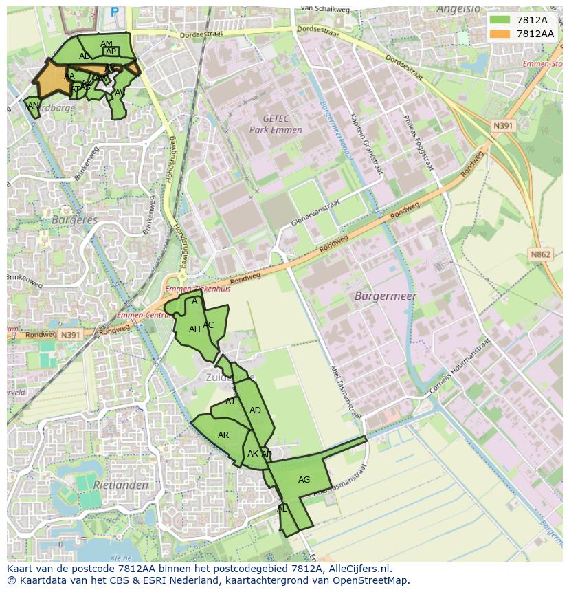 Afbeelding van het postcodegebied 7812 AA op de kaart.