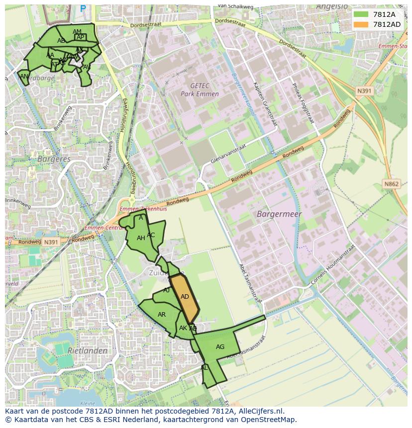 Afbeelding van het postcodegebied 7812 AD op de kaart.