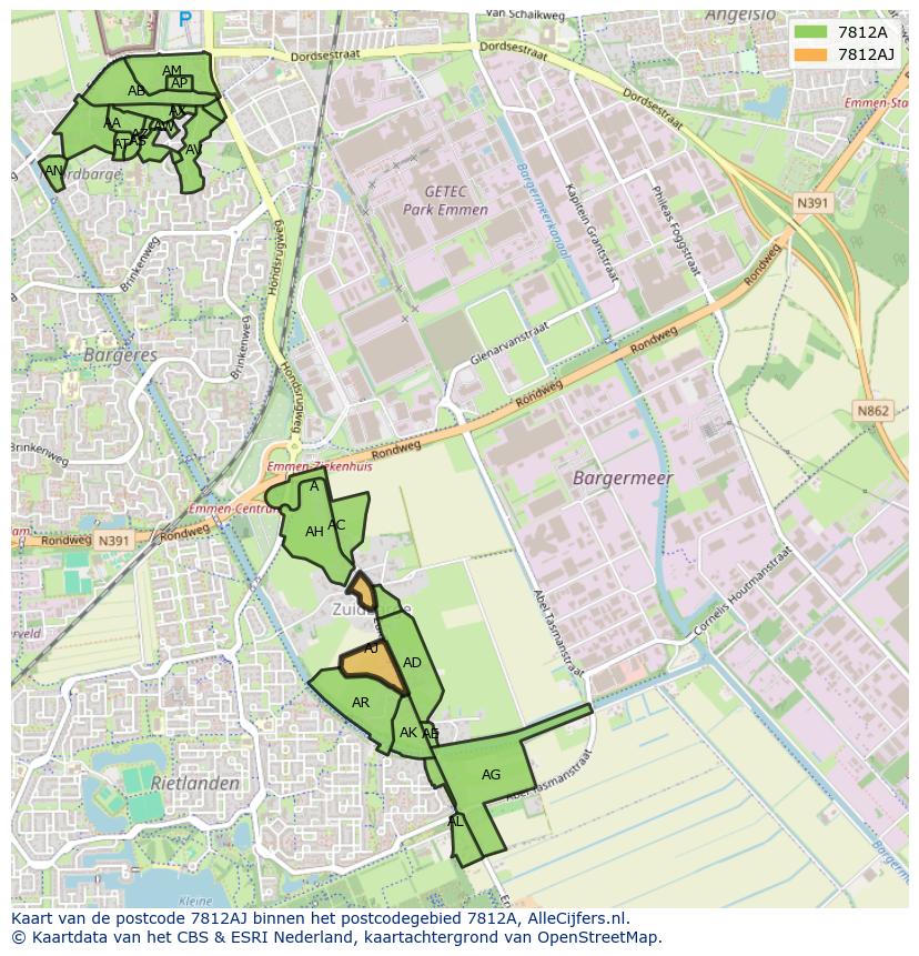 Afbeelding van het postcodegebied 7812 AJ op de kaart.