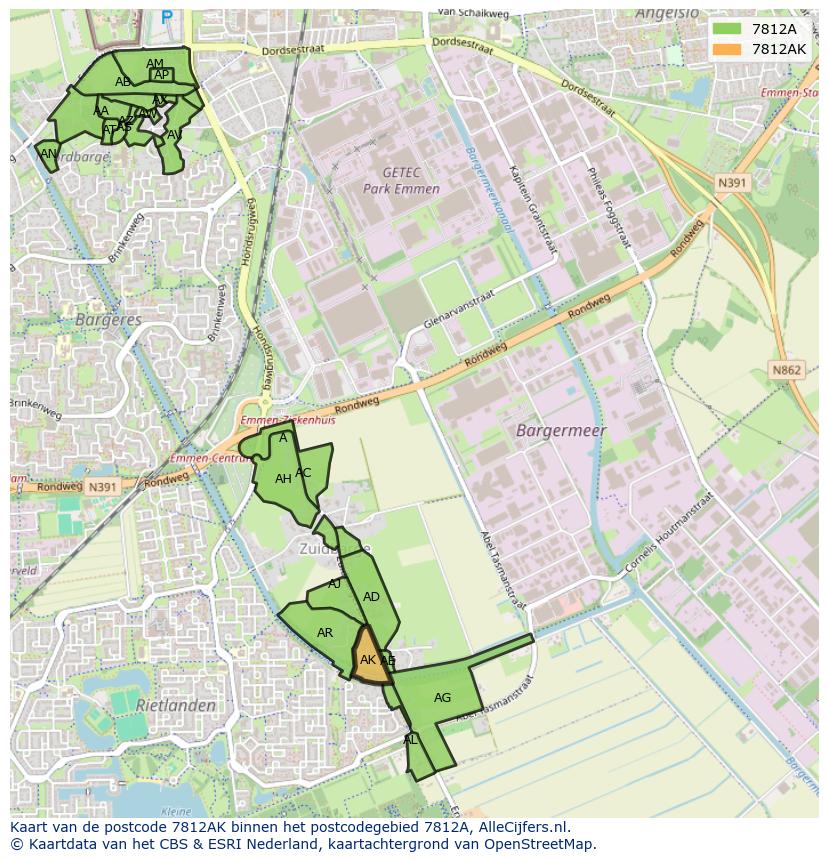 Afbeelding van het postcodegebied 7812 AK op de kaart.