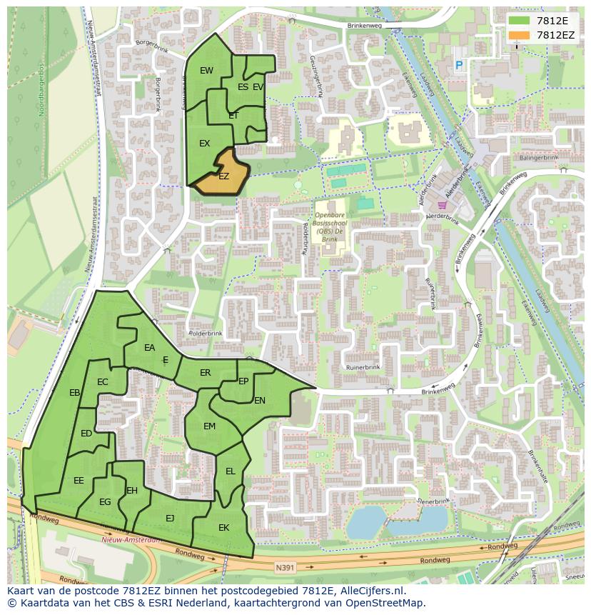 Afbeelding van het postcodegebied 7812 EZ op de kaart.