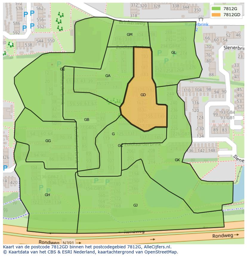 Afbeelding van het postcodegebied 7812 GD op de kaart.
