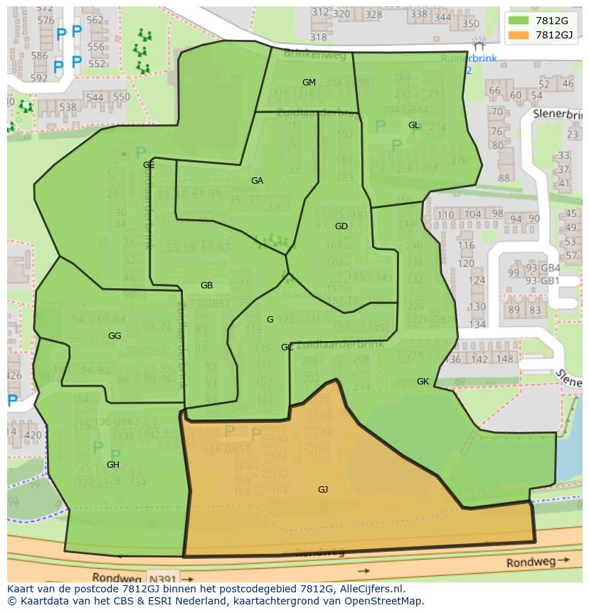 Afbeelding van het postcodegebied 7812 GJ op de kaart.