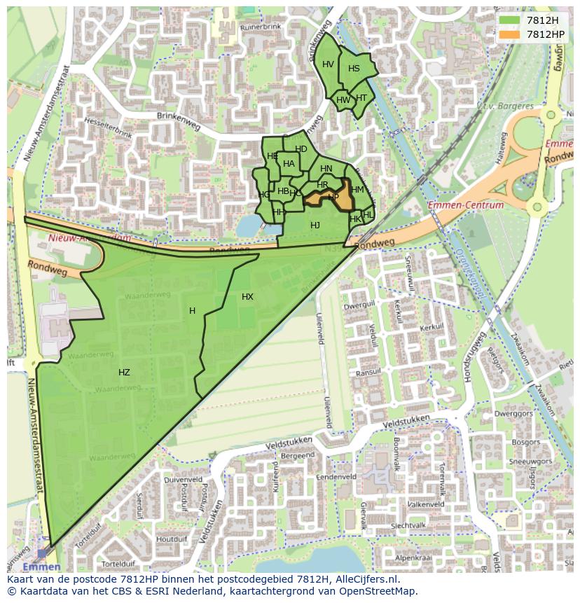 Afbeelding van het postcodegebied 7812 HP op de kaart.