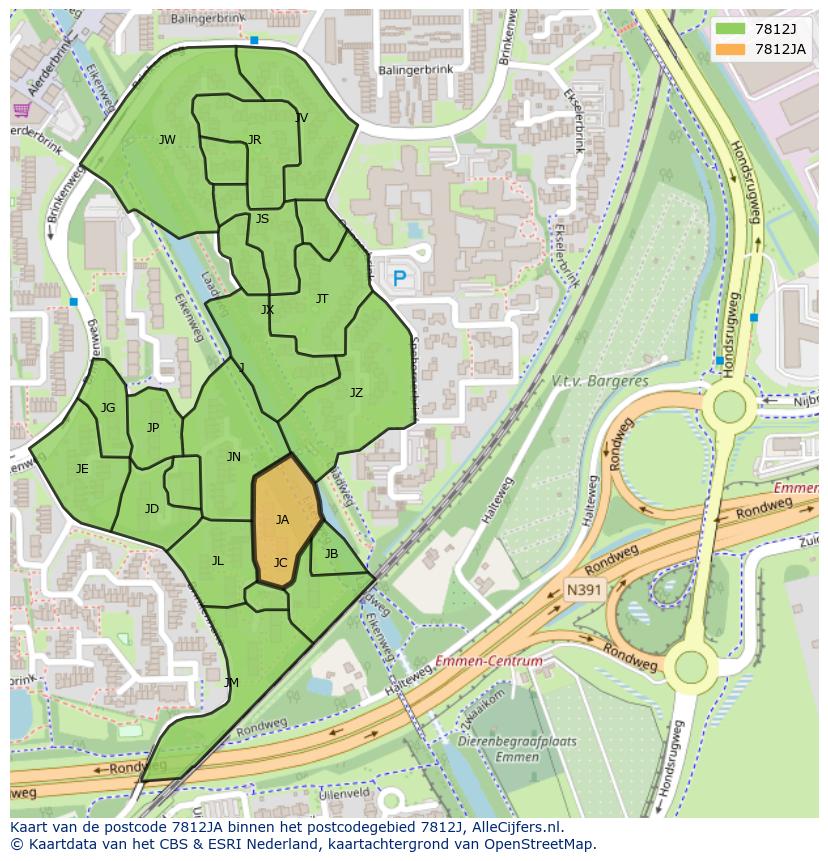 Afbeelding van het postcodegebied 7812 JA op de kaart.