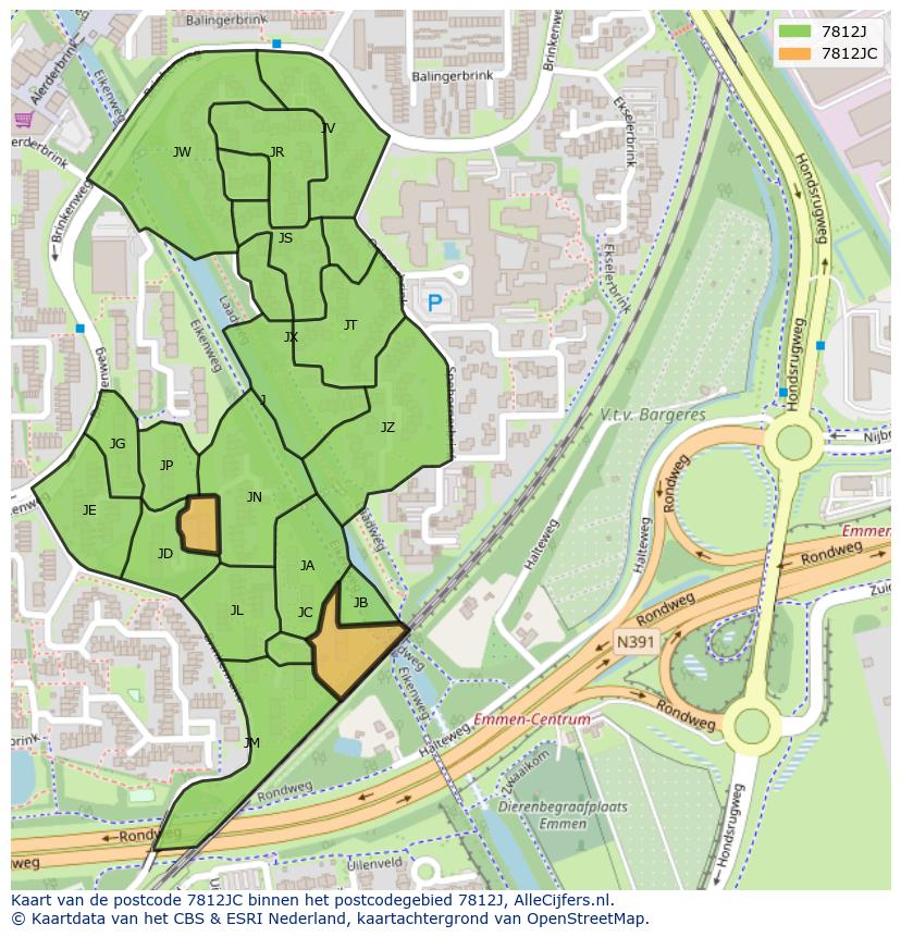 Afbeelding van het postcodegebied 7812 JC op de kaart.