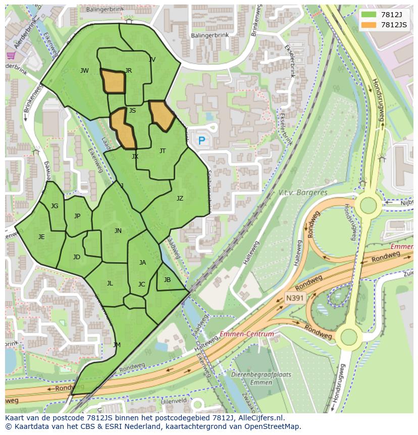Afbeelding van het postcodegebied 7812 JS op de kaart.
