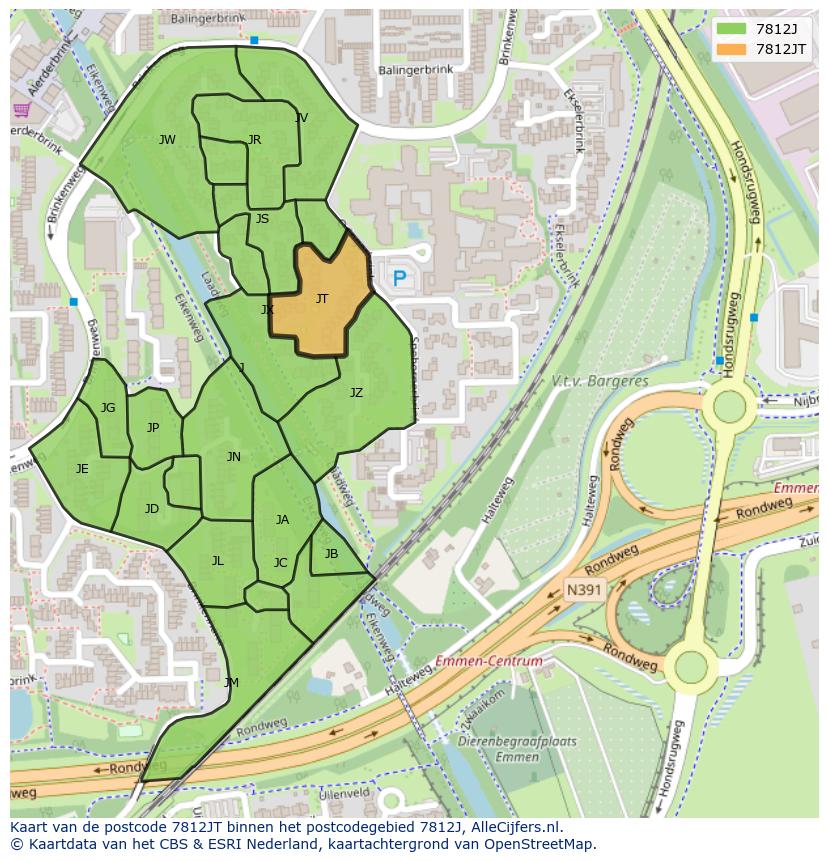 Afbeelding van het postcodegebied 7812 JT op de kaart.