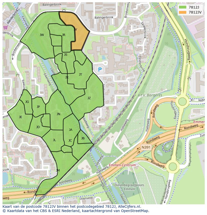 Afbeelding van het postcodegebied 7812 JV op de kaart.