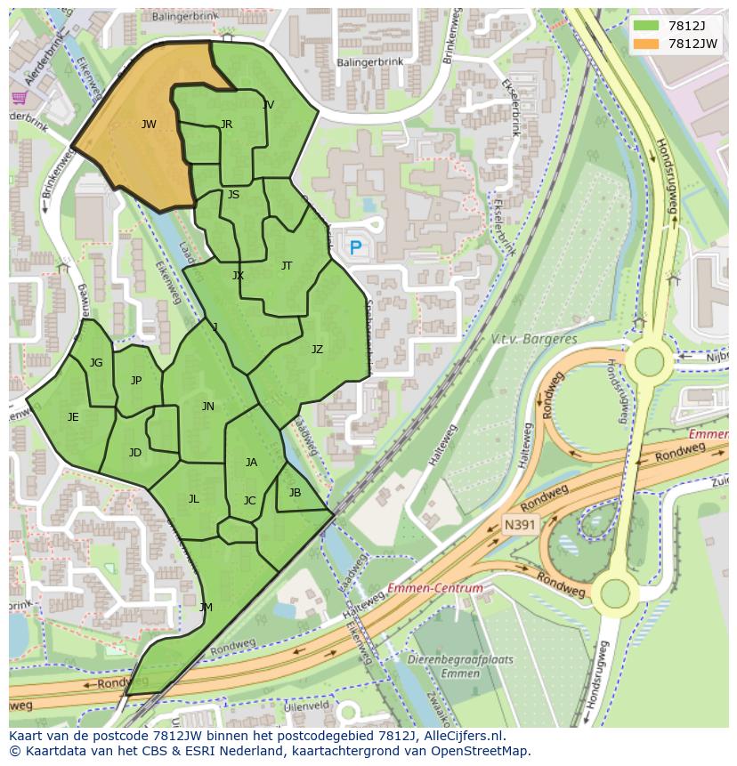 Afbeelding van het postcodegebied 7812 JW op de kaart.