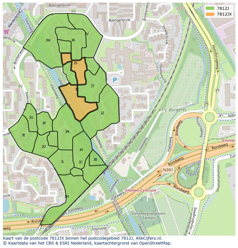 Afbeelding van het postcodegebied 7812 JX op de kaart.