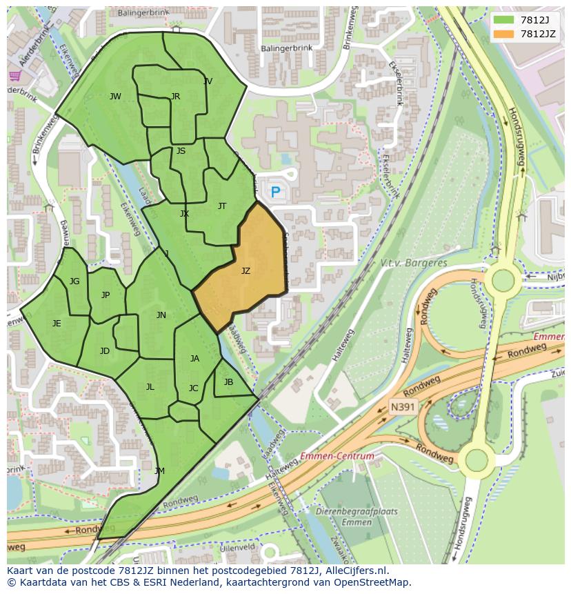 Afbeelding van het postcodegebied 7812 JZ op de kaart.