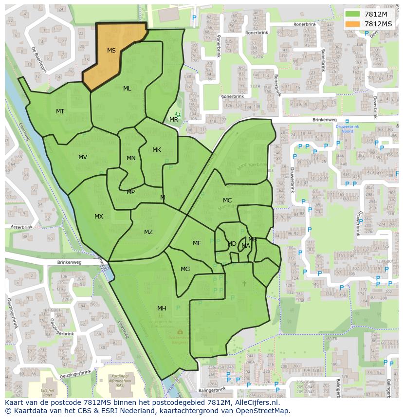 Afbeelding van het postcodegebied 7812 MS op de kaart.