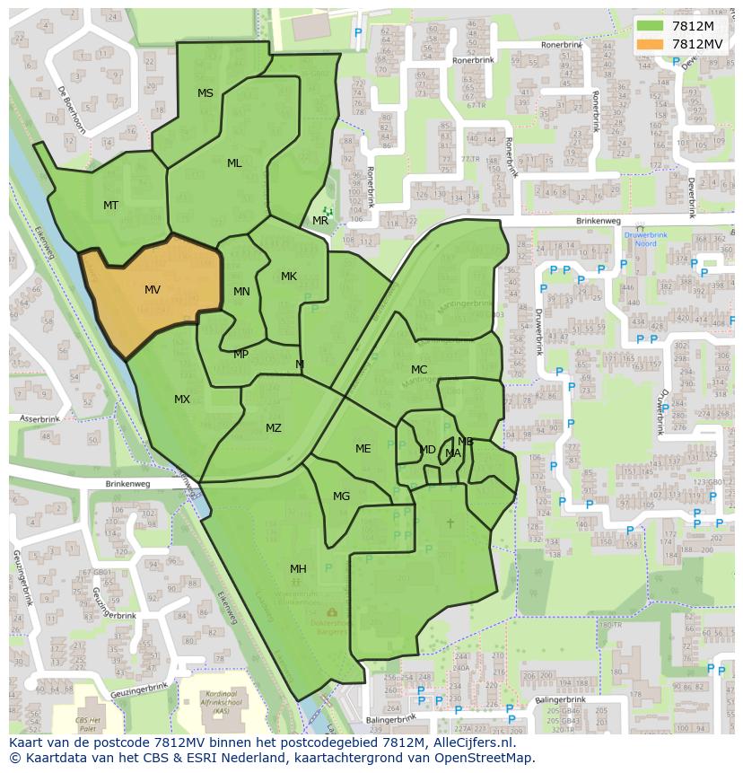 Afbeelding van het postcodegebied 7812 MV op de kaart.