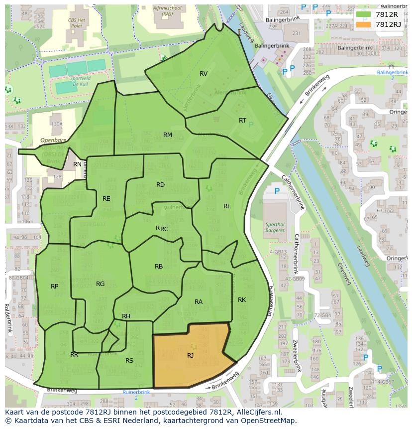 Afbeelding van het postcodegebied 7812 RJ op de kaart.